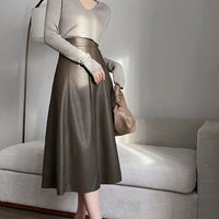 Collete Traditional Skirt – Elegant A-Line PU Leather Midi Skirt-Brown-S-State of Style