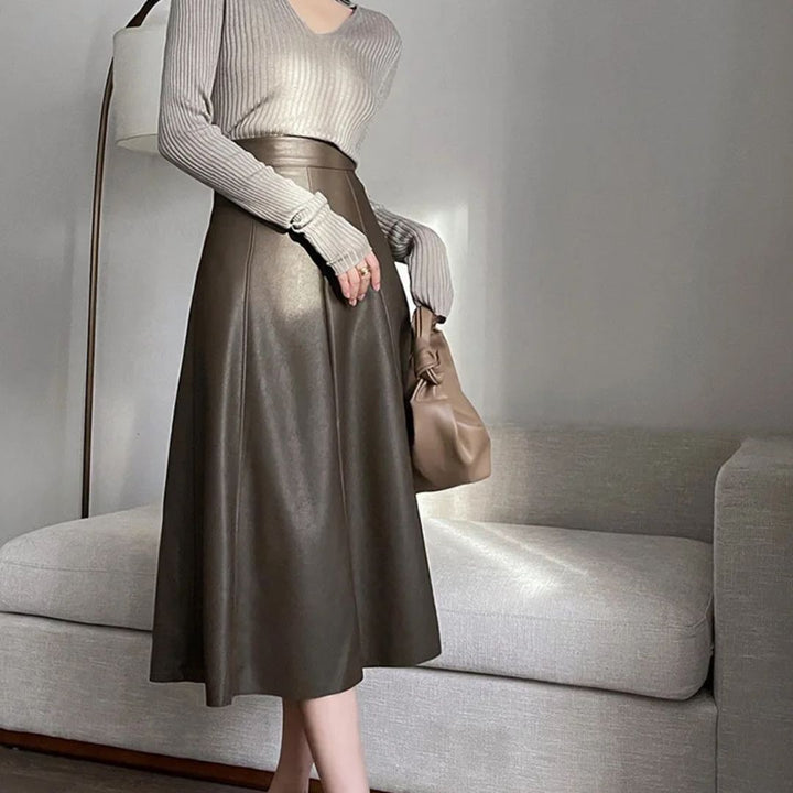 Collete Traditional Skirt – Elegant A-Line PU Leather Midi Skirt-Brown-S-State of Style