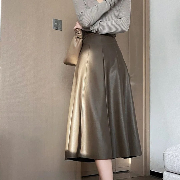 Collete Traditional Skirt – Elegant A-Line PU Leather Midi Skirt-Brown-S-State of Style