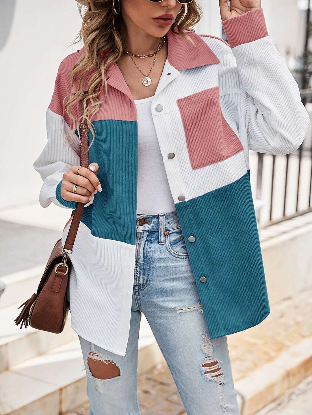 Colourful Blouse with Button Closure - Lina-Green/Pink-S-State of Style