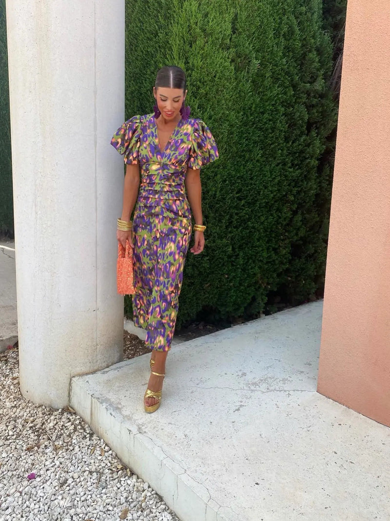 Colourful ladies' dress with pleated sleeves & comfortable cut – Noelia-Multicolor-L-State of Style