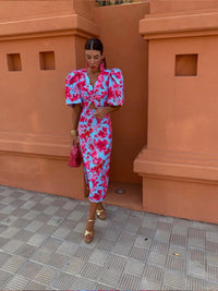 Colourful ladies' dress with pleated sleeves & comfortable cut – Noelia-Pink-L-State of Style