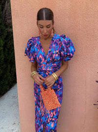 Colourful ladies' dress with pleated sleeves & comfortable cut – Noelia-Purple-S-State of Style