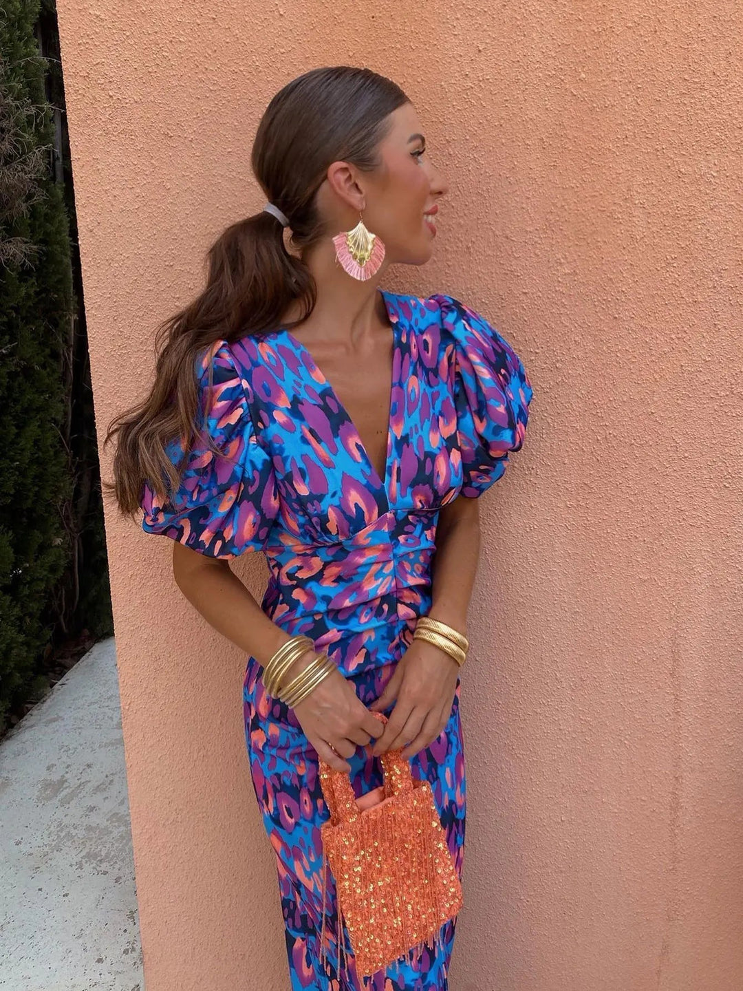 Colourful ladies' dress with pleated sleeves & comfortable cut – Noelia-Purple-S-State of Style