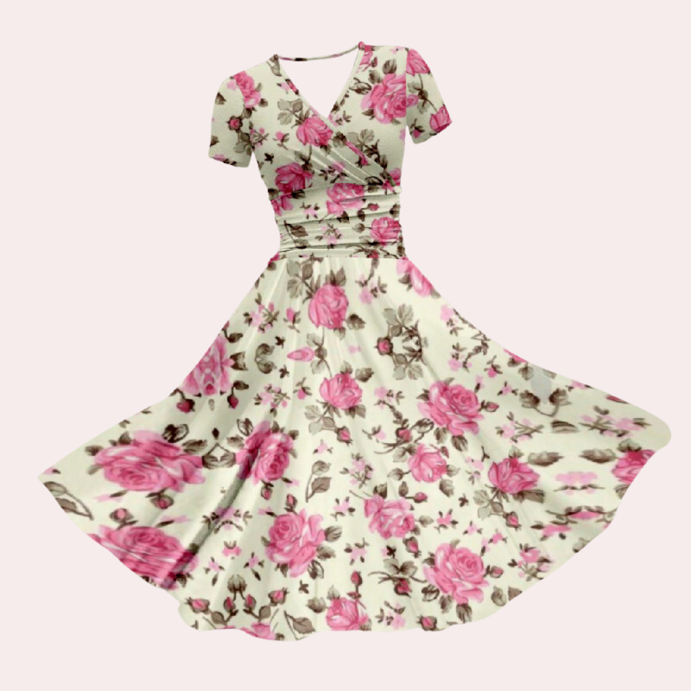 Colourful Midi Dress with V-Neck - Selina-Beige-XS-State of Style