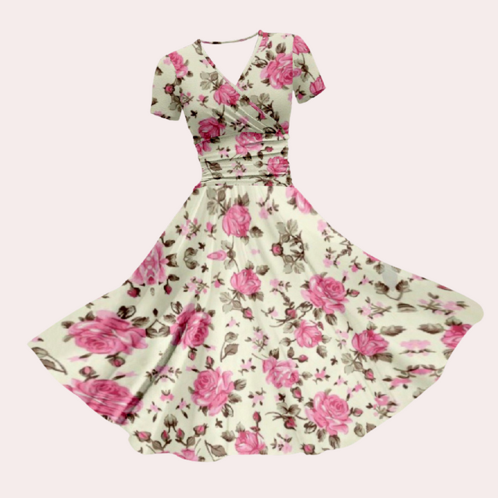 Colourful Midi Dress with V-Neck - Selina-Beige-XS-State of Style