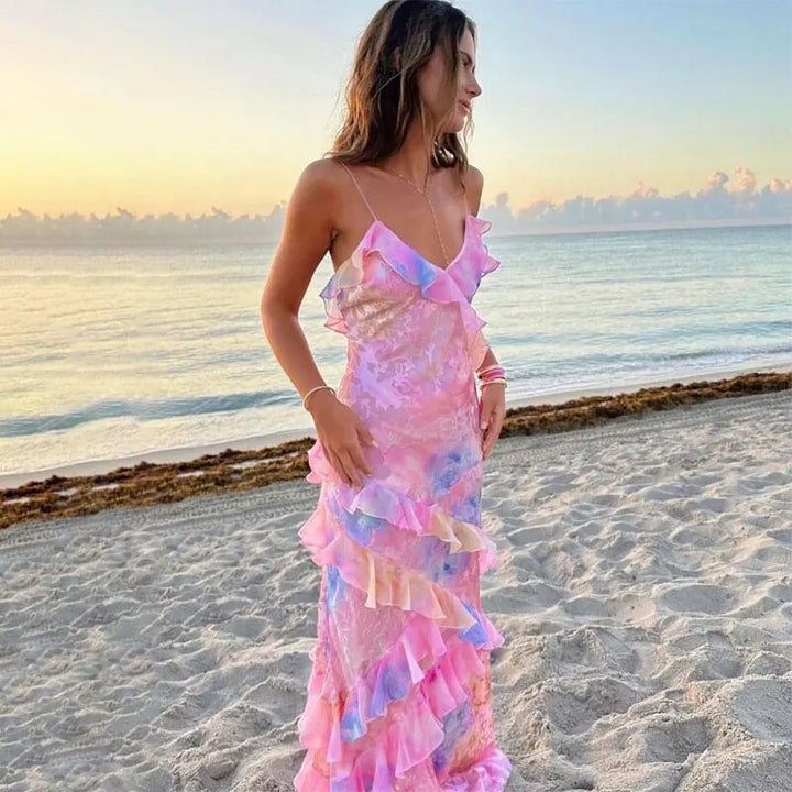 Colourful Summer Dress with Ruffles – Liora-Pink-S-State of Style