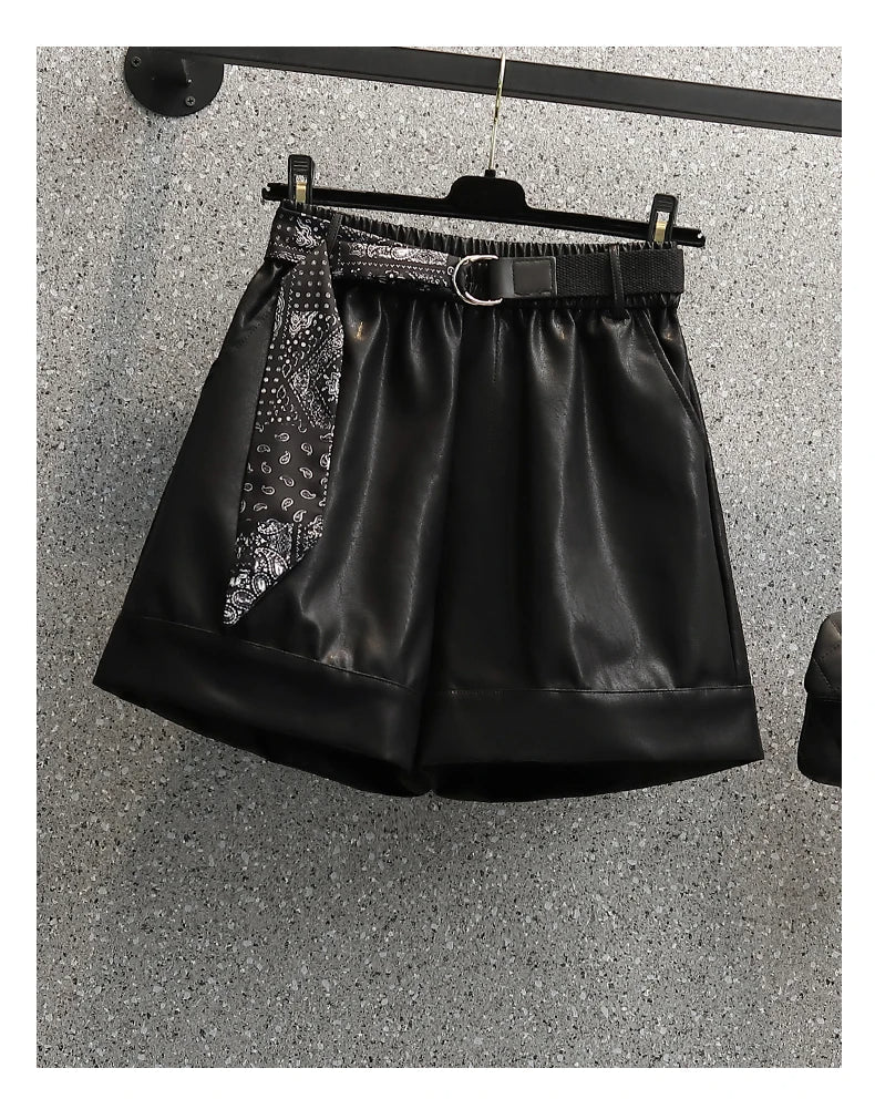 Comfortable Faux Leather Shorts with Elastic Waistband for Women-Black-2XL-State of Style