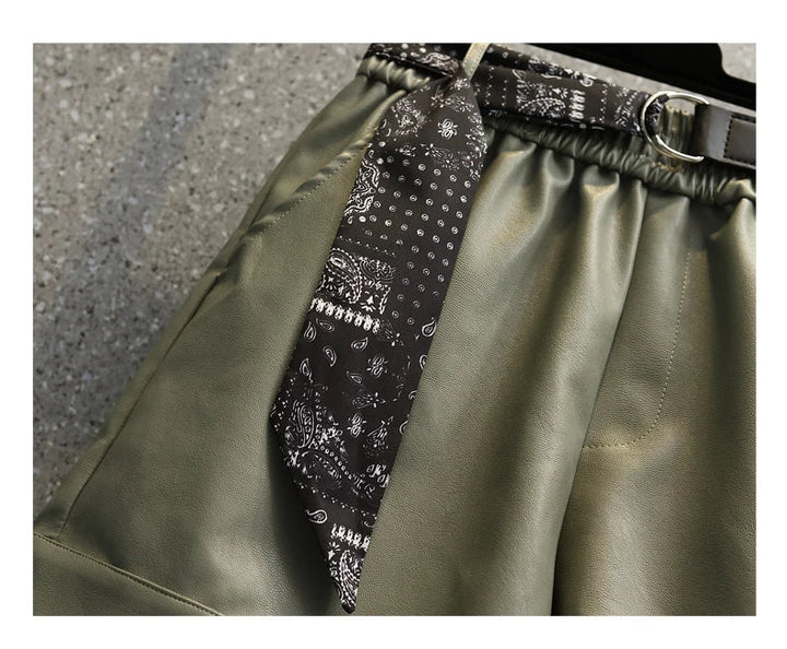 Comfortable Faux Leather Shorts with Elastic Waistband for Women-Green-2XL-State of Style