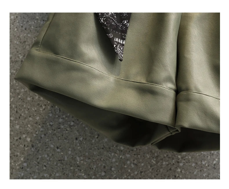 Comfortable Faux Leather Shorts with Elastic Waistband for Women-Green-2XL-State of Style