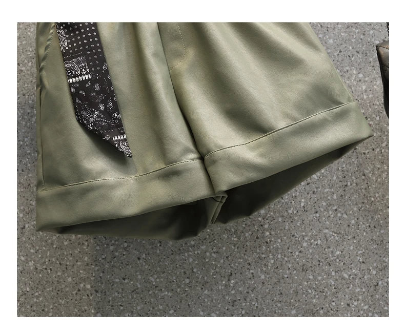 Comfortable Faux Leather Shorts with Elastic Waistband for Women-Green-2XL-State of Style