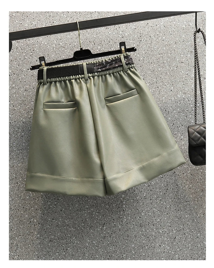 Comfortable Faux Leather Shorts with Elastic Waistband for Women-Green-2XL-State of Style