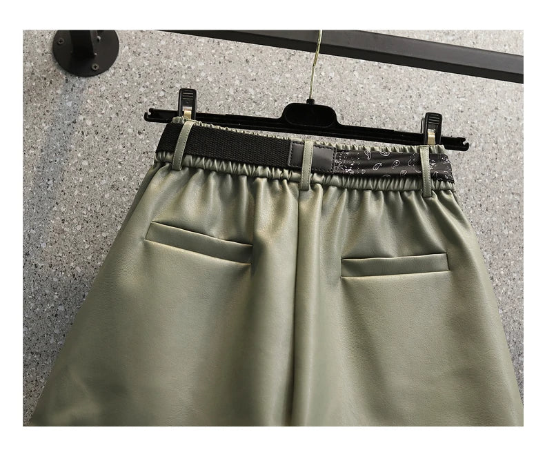 Comfortable Faux Leather Shorts with Elastic Waistband for Women-Green-2XL-State of Style