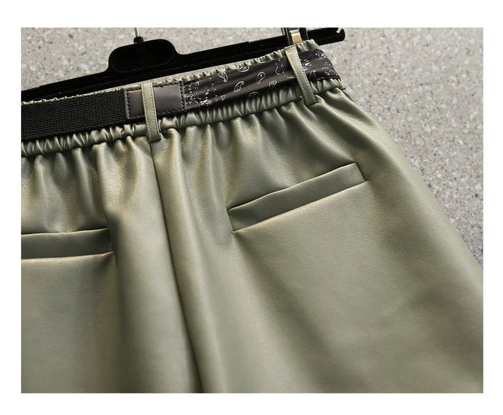 Comfortable Faux Leather Shorts with Elastic Waistband for Women-Green-2XL-State of Style