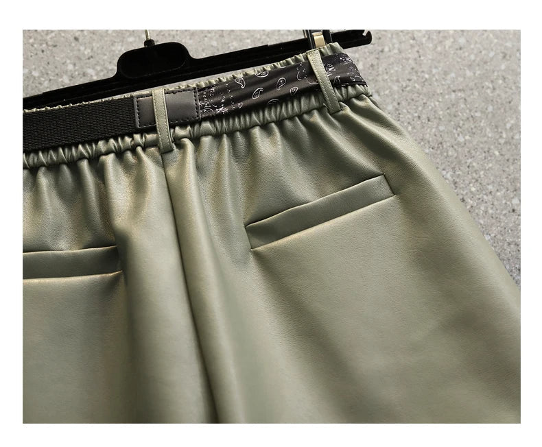 Comfortable Faux Leather Shorts with Elastic Waistband for Women-Green-2XL-State of Style