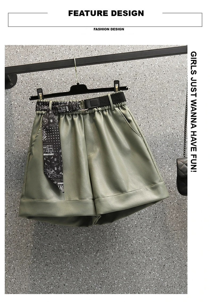 Comfortable Faux Leather Shorts with Elastic Waistband for Women-Green-2XL-State of Style