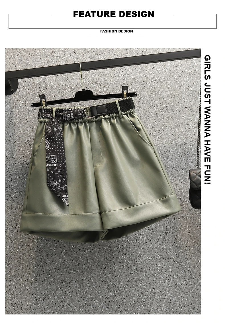 Comfortable Faux Leather Shorts with Elastic Waistband for Women-Green-2XL-State of Style