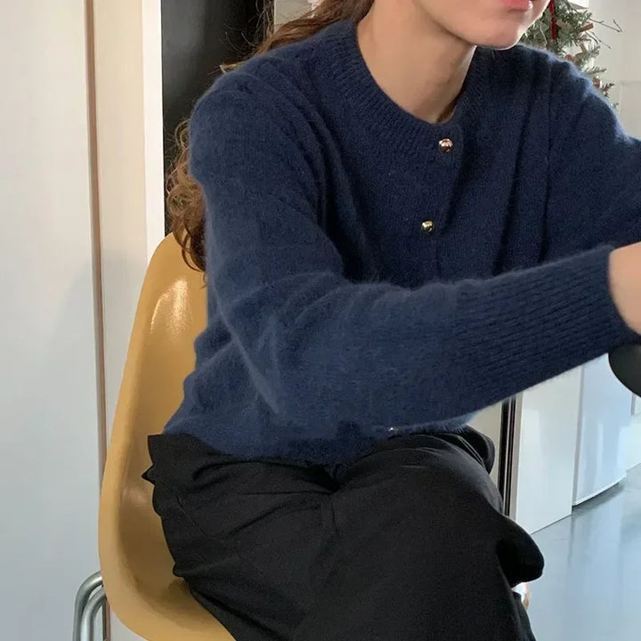 Comfortable Knitted Women's Cardigan with O-neck - Emilia-Dark Blue-S-State of Style