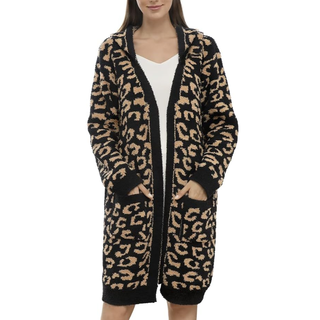 Comfortable Ladies Spa Bathrobe - Victoria-Leopard Black - Hood-State of Style