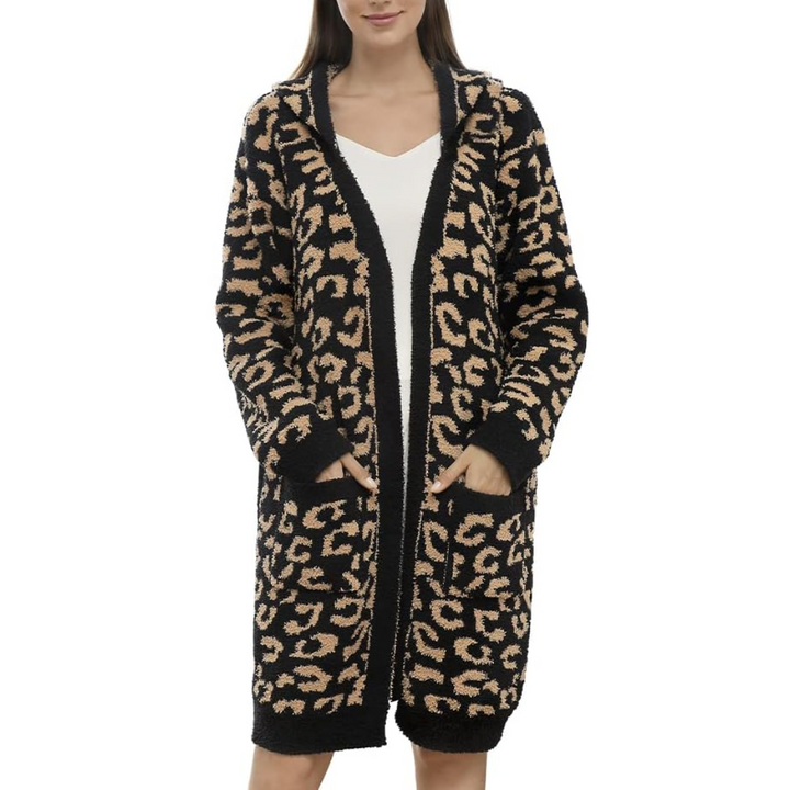 Comfortable Ladies Spa Bathrobe - Victoria-Leopard Black - Hood-State of Style