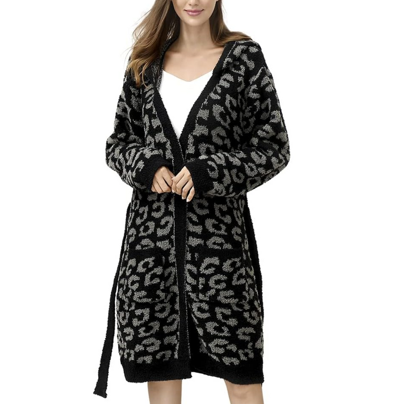 Comfortable Ladies Spa Bathrobe - Victoria-Leopard carbon - Hood-State of Style