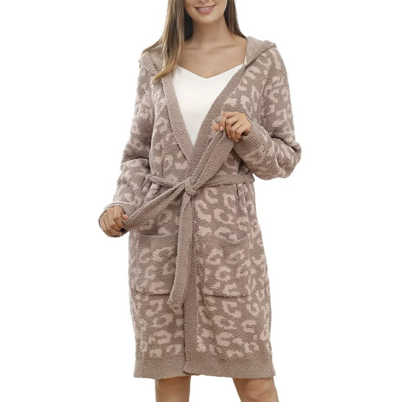 Comfortable Ladies Spa Bathrobe - Victoria-Leopard grey - Hoodie-State of Style