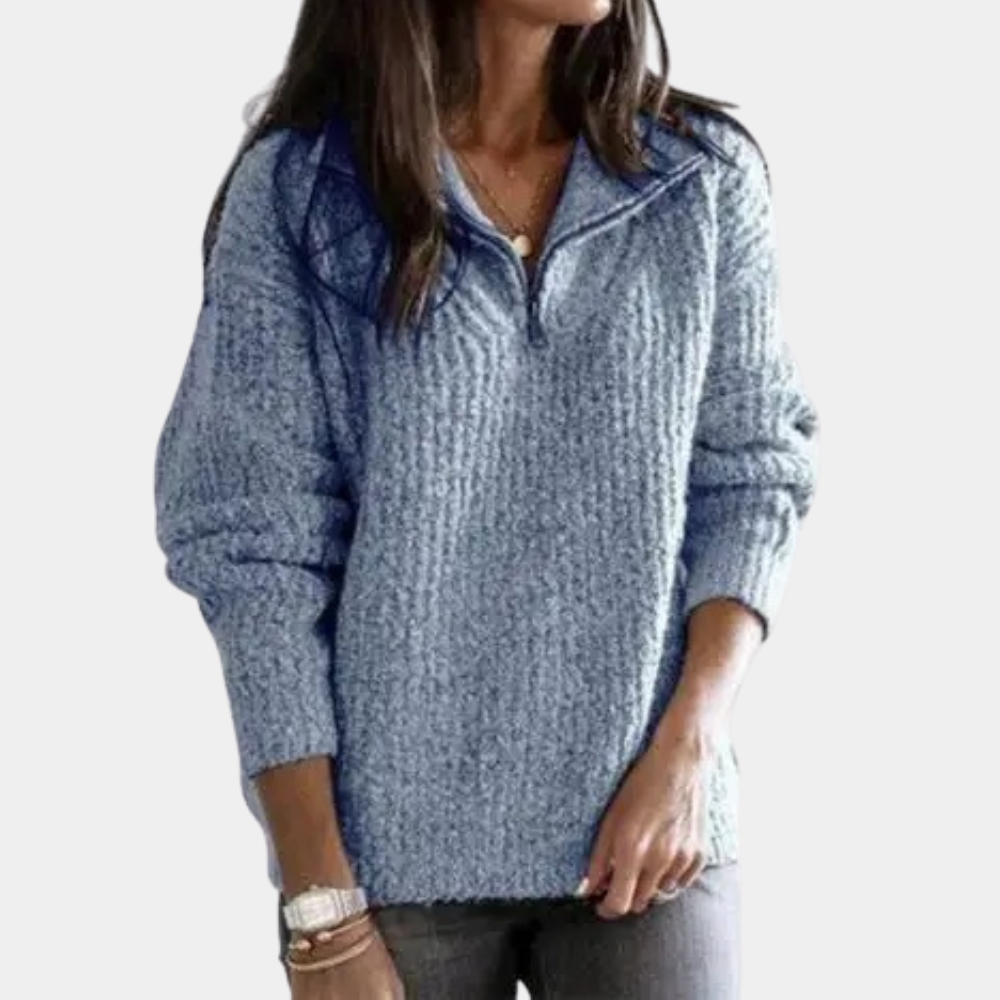 Comfortable Ladies' Sweater with Half Zip - Sofia-Blue-XS-State of Style