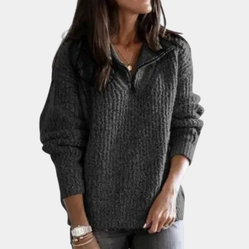 Comfortable Ladies' Sweater with Half Zip - Sofia-Dark grey-XS-State of Style