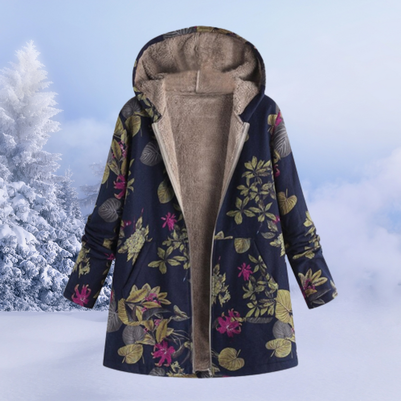 Comfortable Ladies Winter Coat with Floral Print - Ivy-Dark Blue-S-State of Style