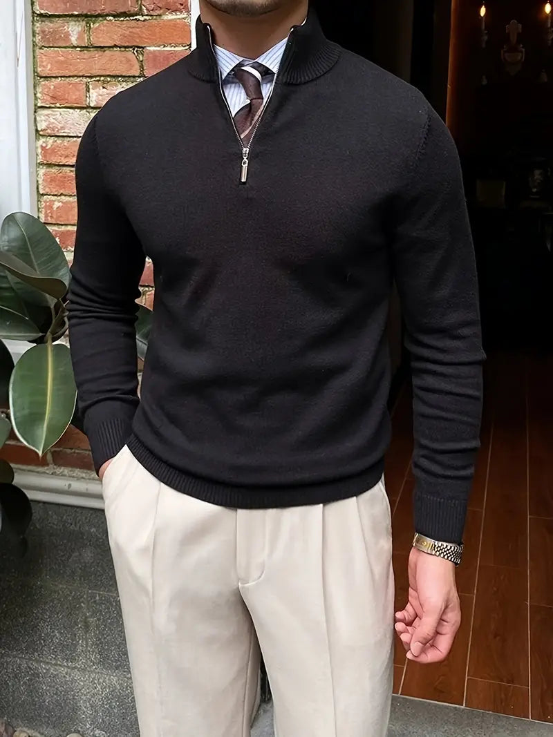 Comfortable Men's Sweater with Half Zip - Leonardo-Black-S-State of Style