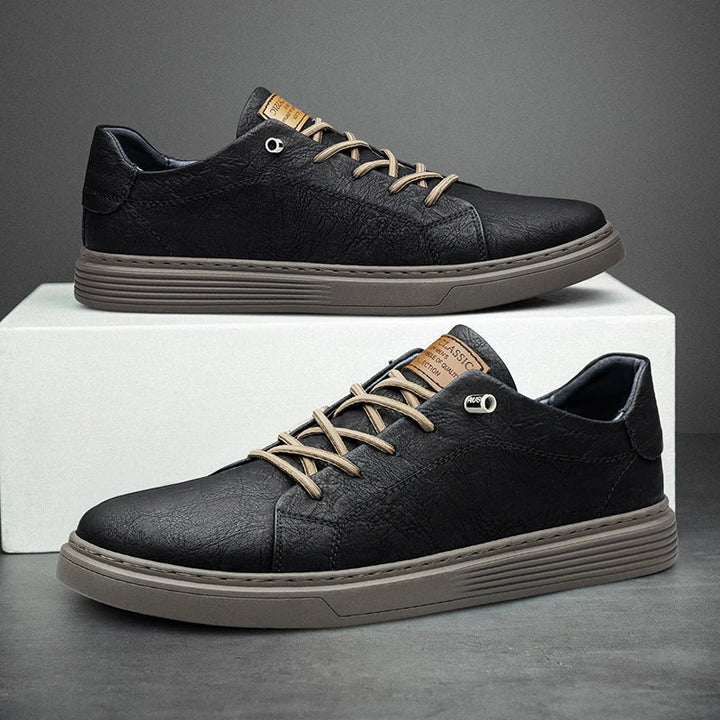 Comfortable Oxford Leather Men's Sneakers - Ethan-5-Black-State of Style