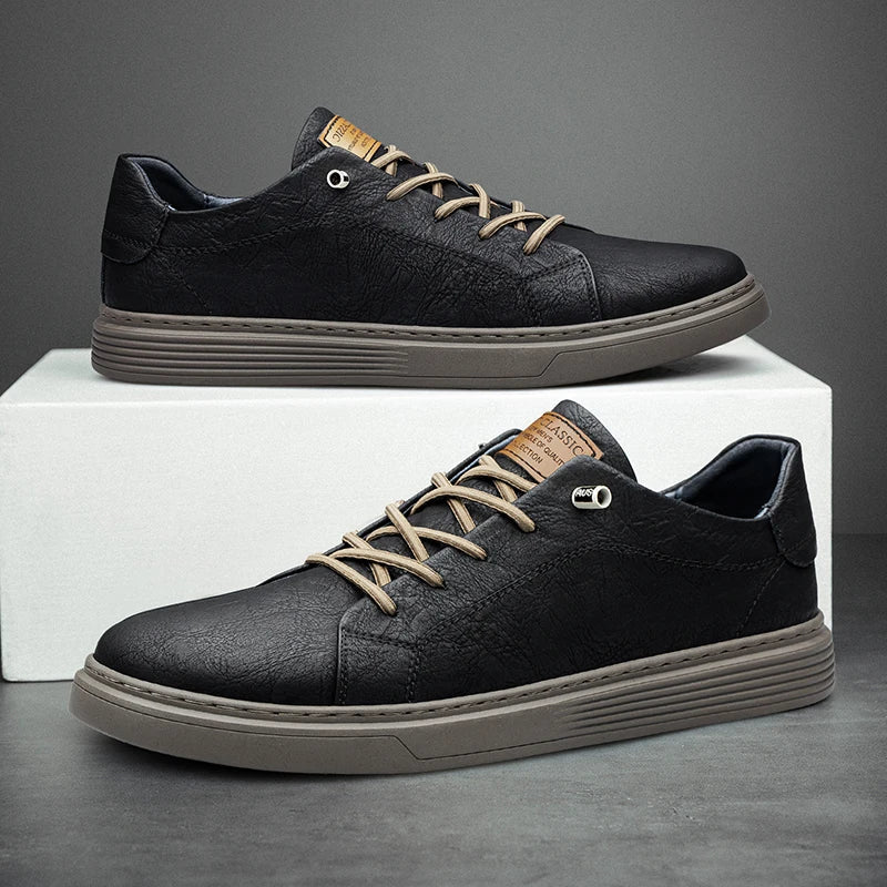 Comfortable Oxford Leather Men's Sneakers - Ethan-5-Black-State of Style