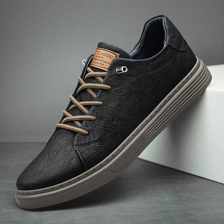Comfortable Oxford Leather Men's Sneakers - Ethan-5-Black-State of Style