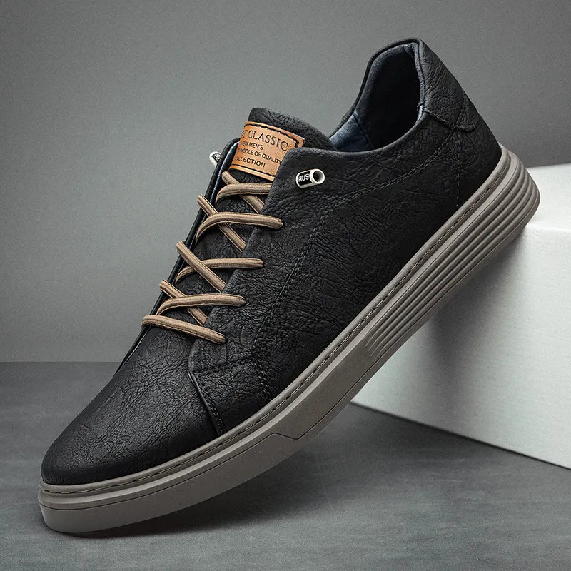 Comfortable Oxford Leather Men's Sneakers - Ethan-5-Black-State of Style