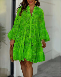 Comfortable Summer Dress with Collar and V-neck – Sarah-Green-S-State of Style