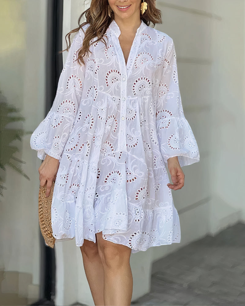 Comfortable Summer Dress with Collar and V-neck – Sarah-White-S-State of Style