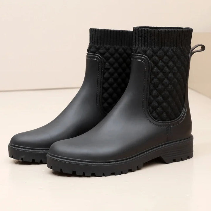 Comfortable Waterproof Ladies' Rain Boots - Livia Rain Luxe-Black woven-3.5-State of Style