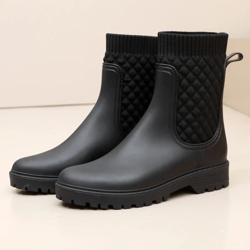 Comfortable Waterproof Ladies' Rain Boots - Livia Rain Luxe-Black woven-3.5-State of Style