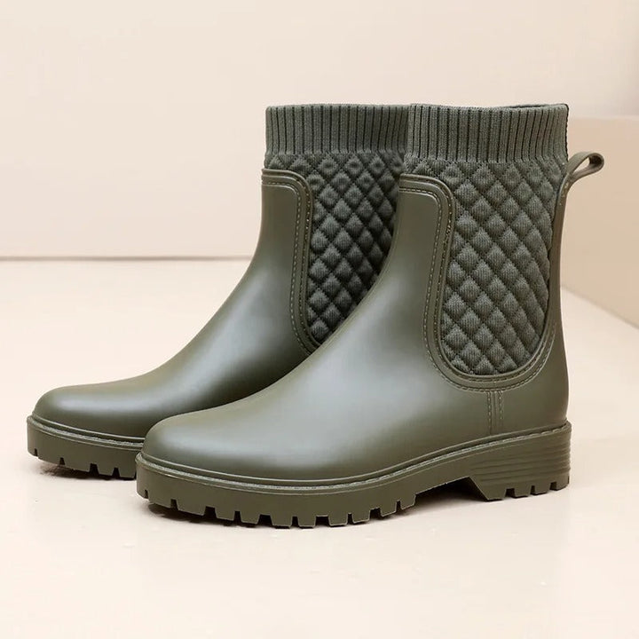 Comfortable Waterproof Ladies' Rain Boots - Livia Rain Luxe-Green woven-3.5-State of Style