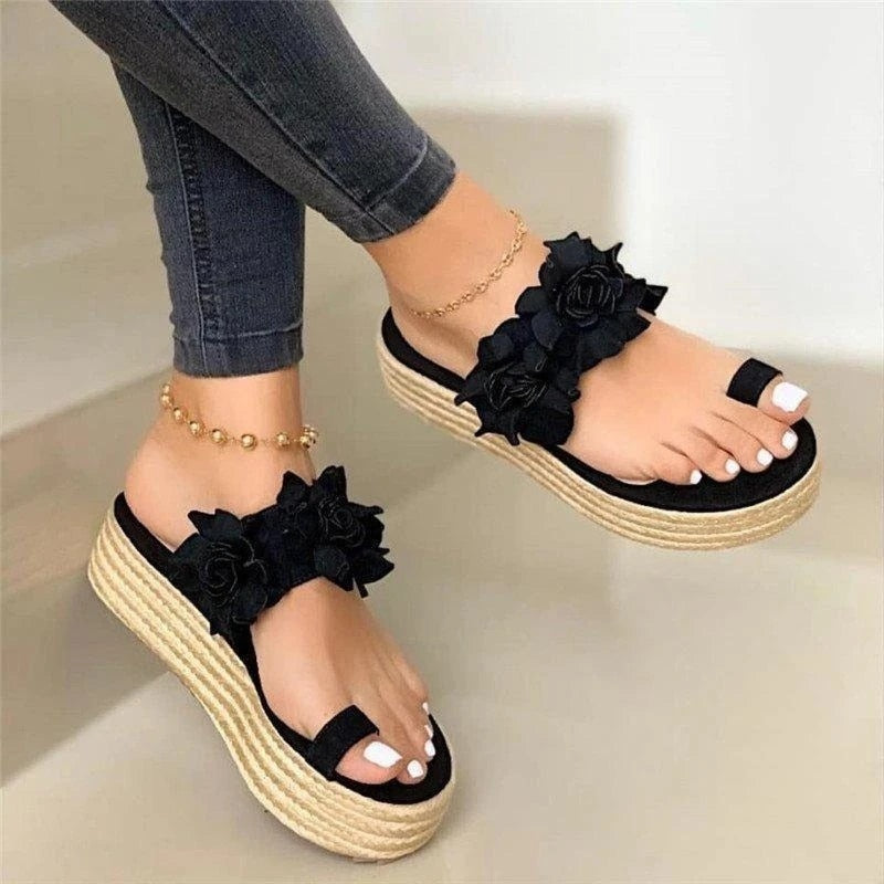 Comfortable women's orthopedic summer shoes with floral pattern – Linora-Black-3-State of Style
