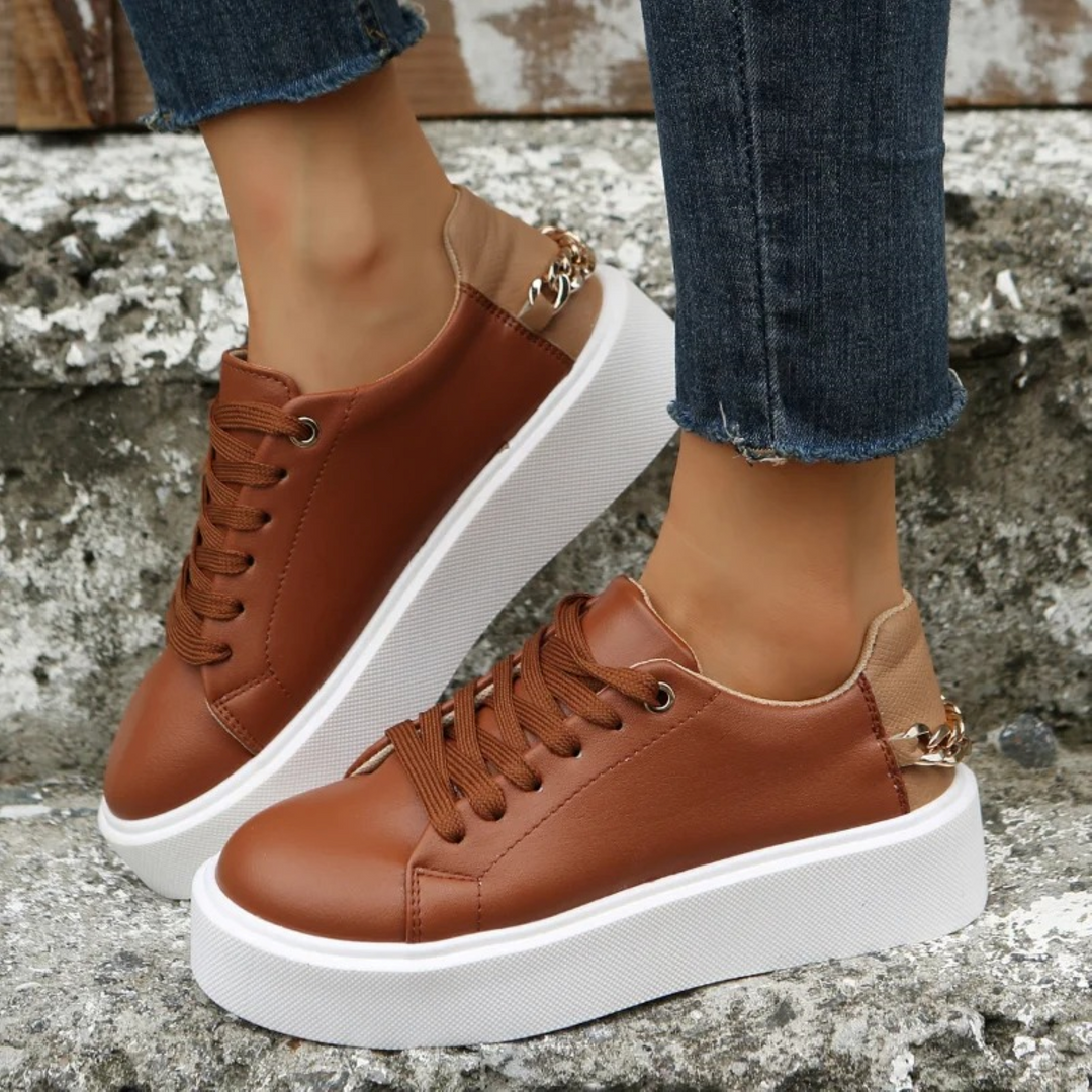 ComfortStep White Leather Sneakers with Metallic Chain-Dark Brown-4-State of Style