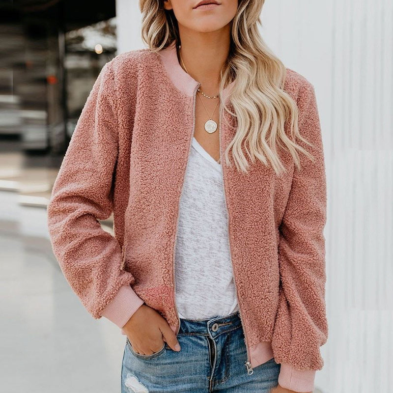 Cosy Fleece Jacket with Zip-Pink-S-State of Style
