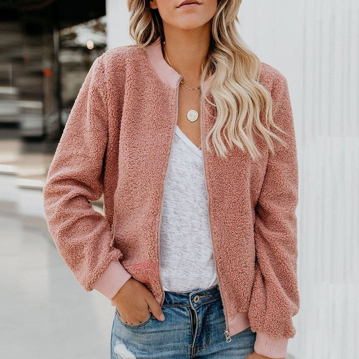 Cosy Fleece Jacket with Zip-Pink-S-State of Style