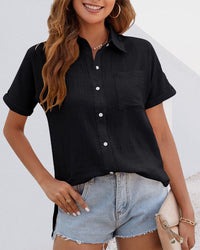Cotton Blouse with Short Sleeves and Button Closure - Elin-Black-S-State of Style
