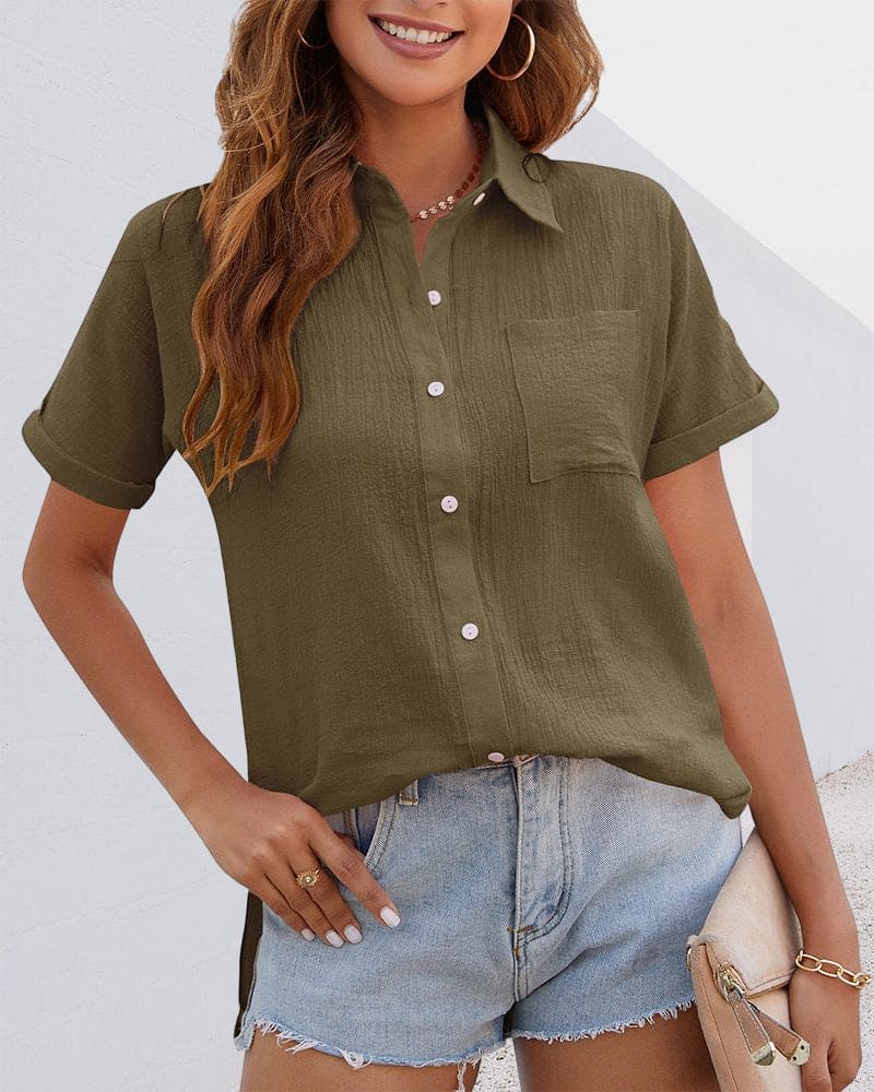 Cotton Blouse with Short Sleeves and Button Closure - Elin-Olive Green-S-State of Style