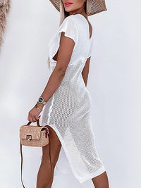 Crochet Beach Dress with Waist Ribbon – Yara-Beige-S-State of Style