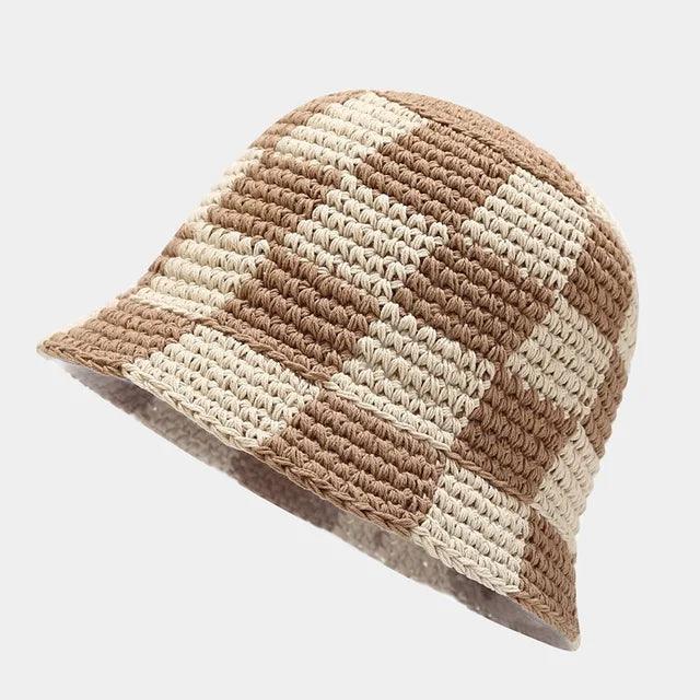 Crocheted ladies' fisherman's hat with check pattern – Faye-Brown White-State of Style