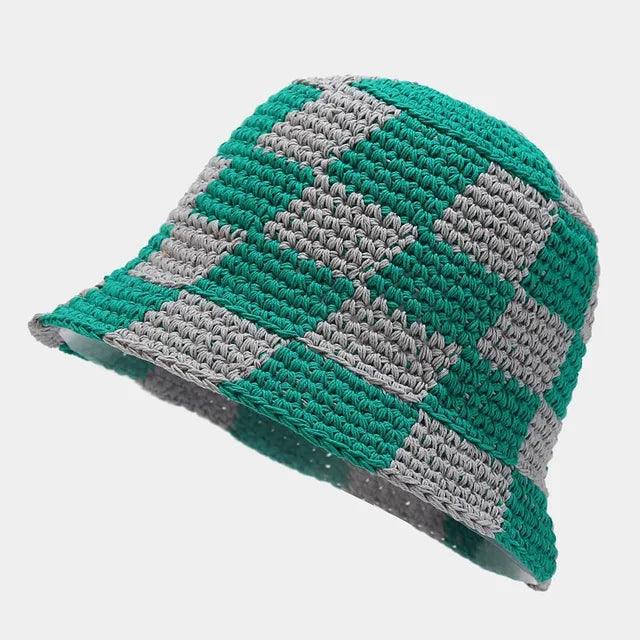 Crocheted ladies' fisherman's hat with check pattern – Faye-Green White-State of Style