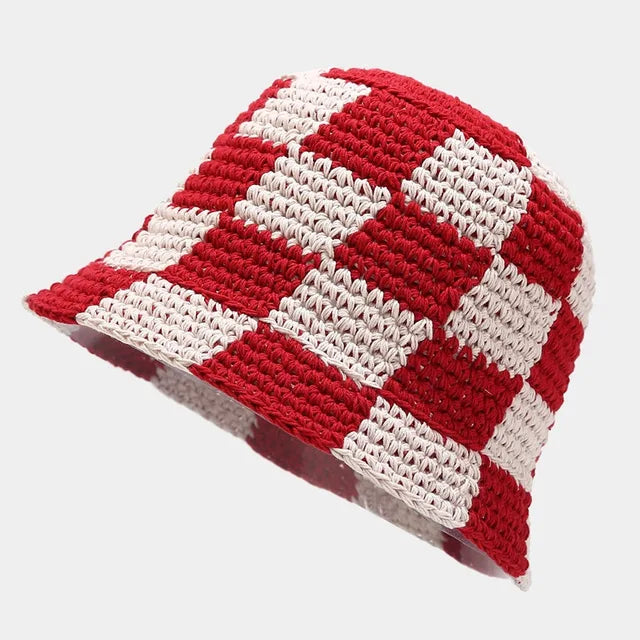 Crocheted ladies' fisherman's hat with check pattern – Faye-Red White-State of Style