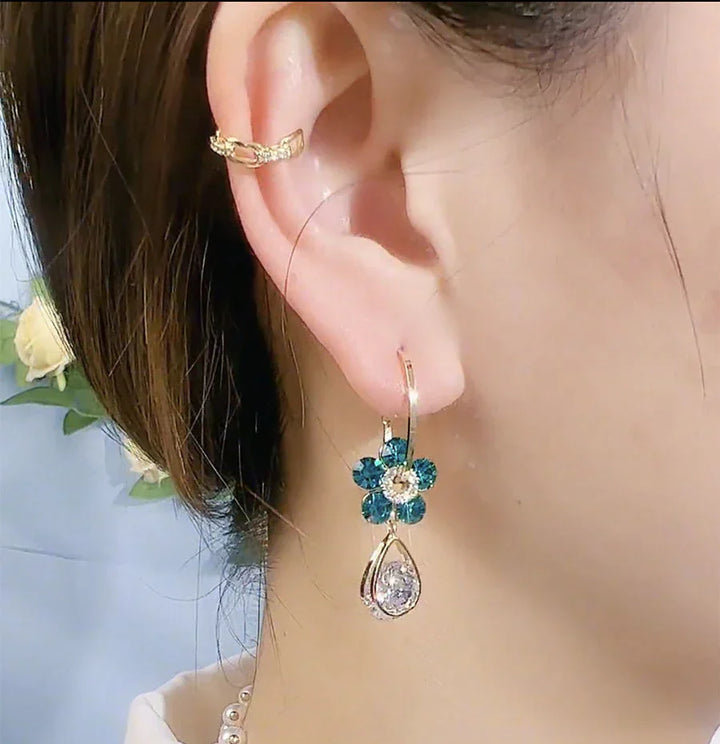 Crystal Flower Earrings-Blue-State of Style